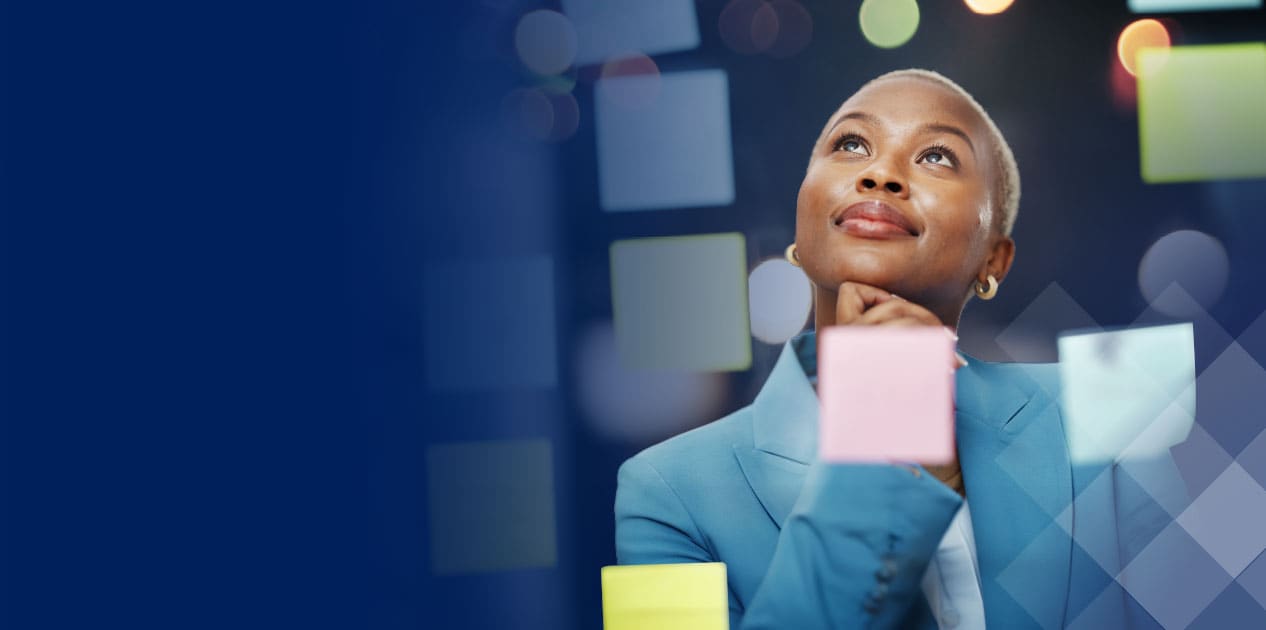 Woman in a blue jacket looking up thoughtfully, surrounded by blurred colorful lights and geometric shapes, symbolizing industry progress.