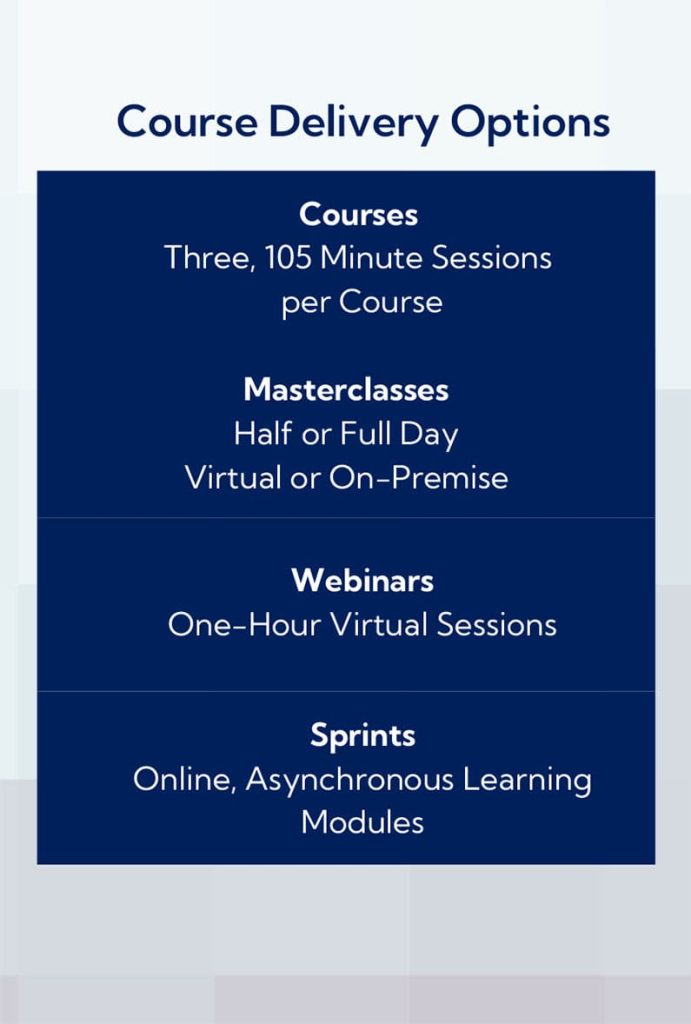 Course delivery options: Courses, Masterclasses, Webinars, Sprints.