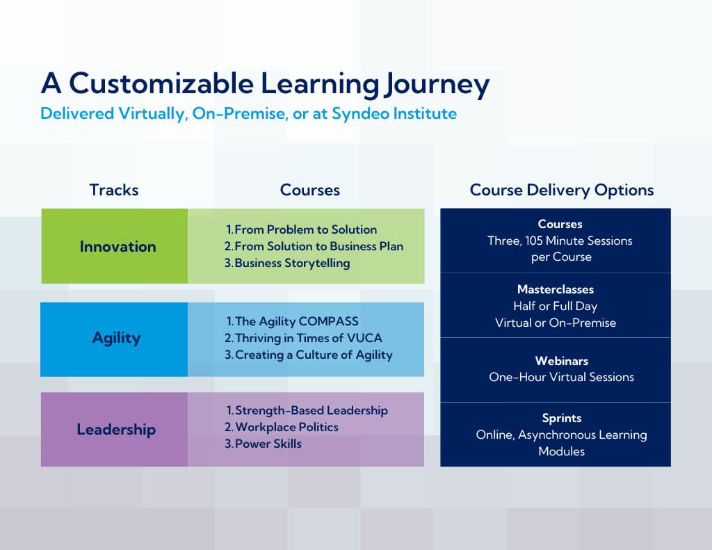 A customizable learning journey. Delivered virtually, on-premise, or at Syndeo Institute.