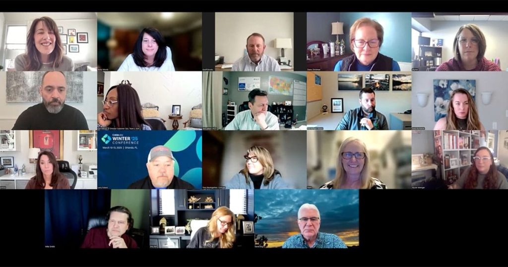 A grid of sixteen people on a video conference call of the Syndeo Institute’s Advisory Council meeting. Backgrounds vary, with bookshelves and paintings offering a glimpse into personal worlds filled with character and insight.