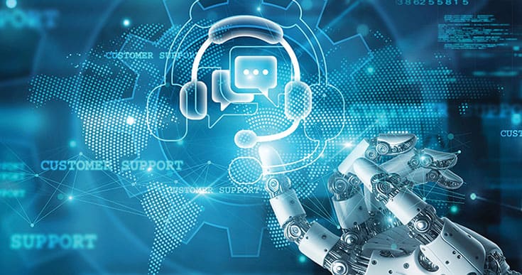 A robotic hand points to a digital icon of a headset and chat bubble, symbolizing AI-powered customer support, with a technological and global network background.