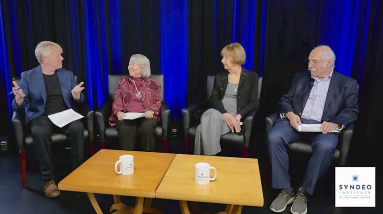Moderator Stewart Schley with Panelists Priscilla Walker, June Travis, Ron Rizzuto. The History Behind Hamburger U panel discussion. The Cable Center Hauser Oral & Video History Collection Interview.