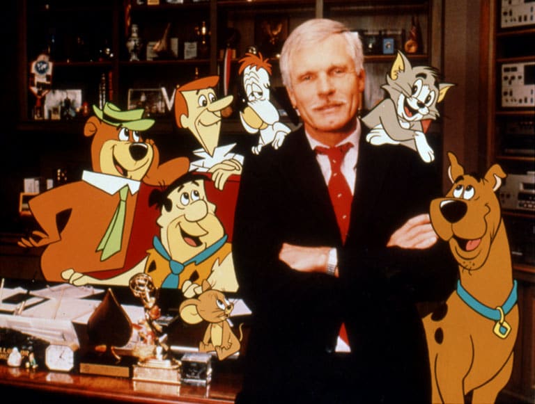 Ted Turner in his office with Cartoon Network characters - 1992